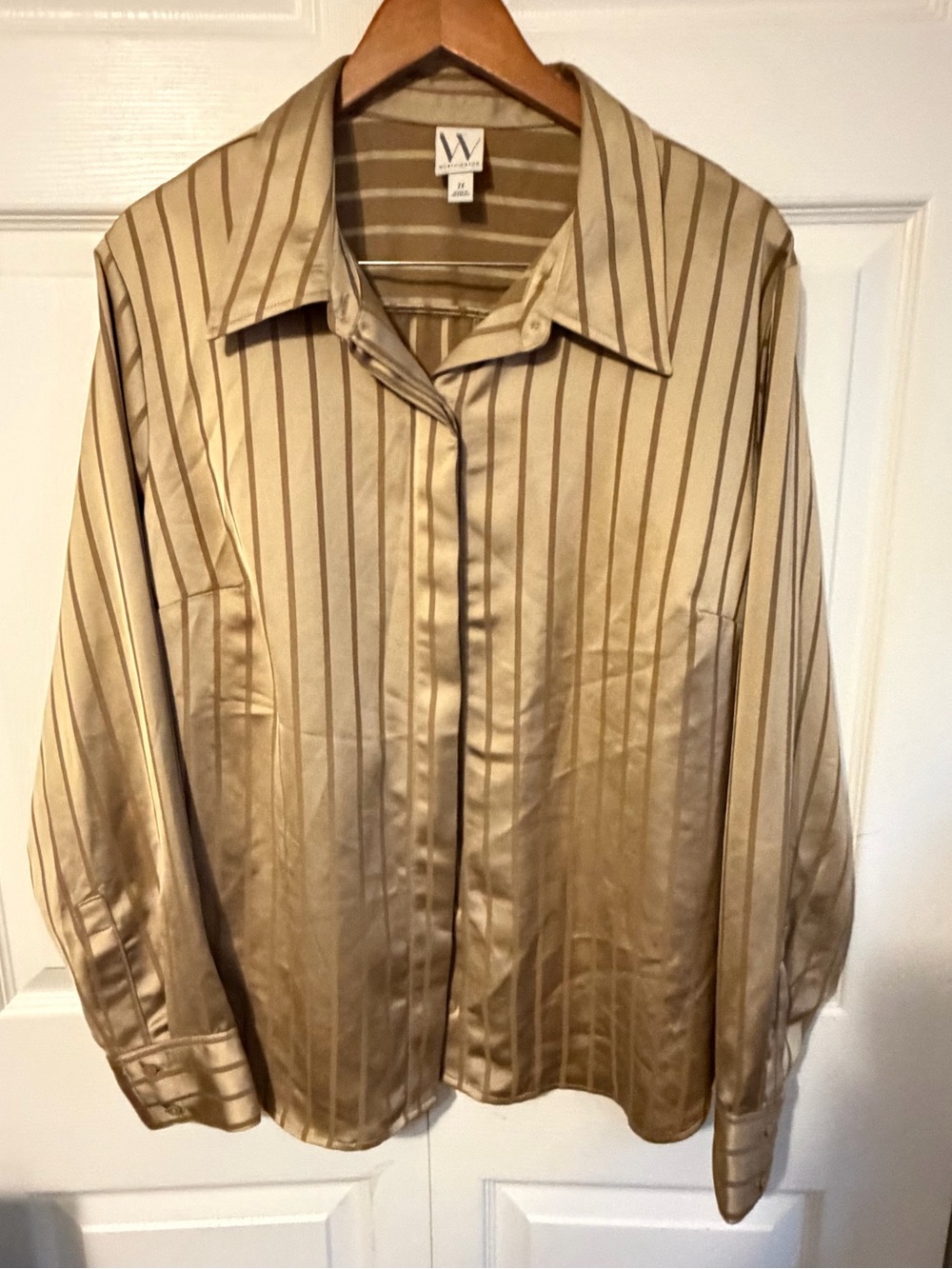 Worthington Gold Satin Striped Button Down Blouse Womens Plus Size 2X
